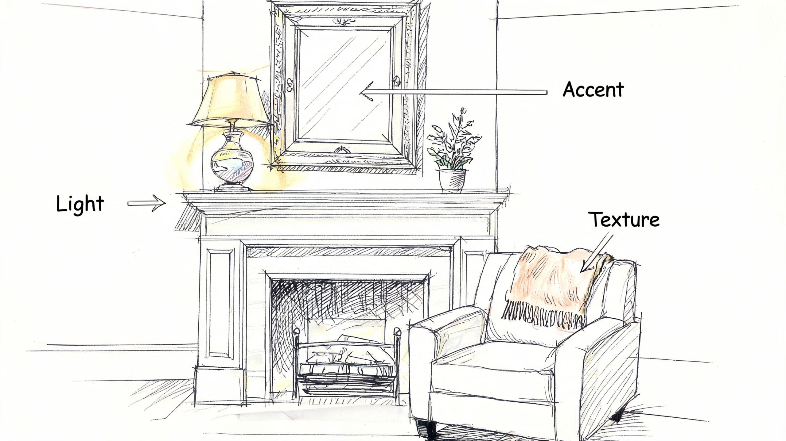 A hand-drawn sketch of a living room corner featuring a fireplace, a lamp, a mirror, and an armchair.