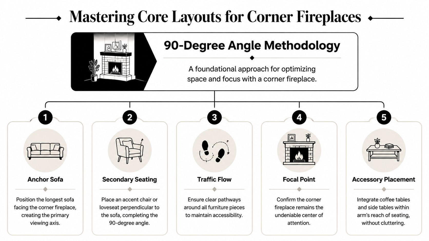 An infographic titled Mastering Core Layouts for Corner Fireplaces showing five steps for furniture arrangement.