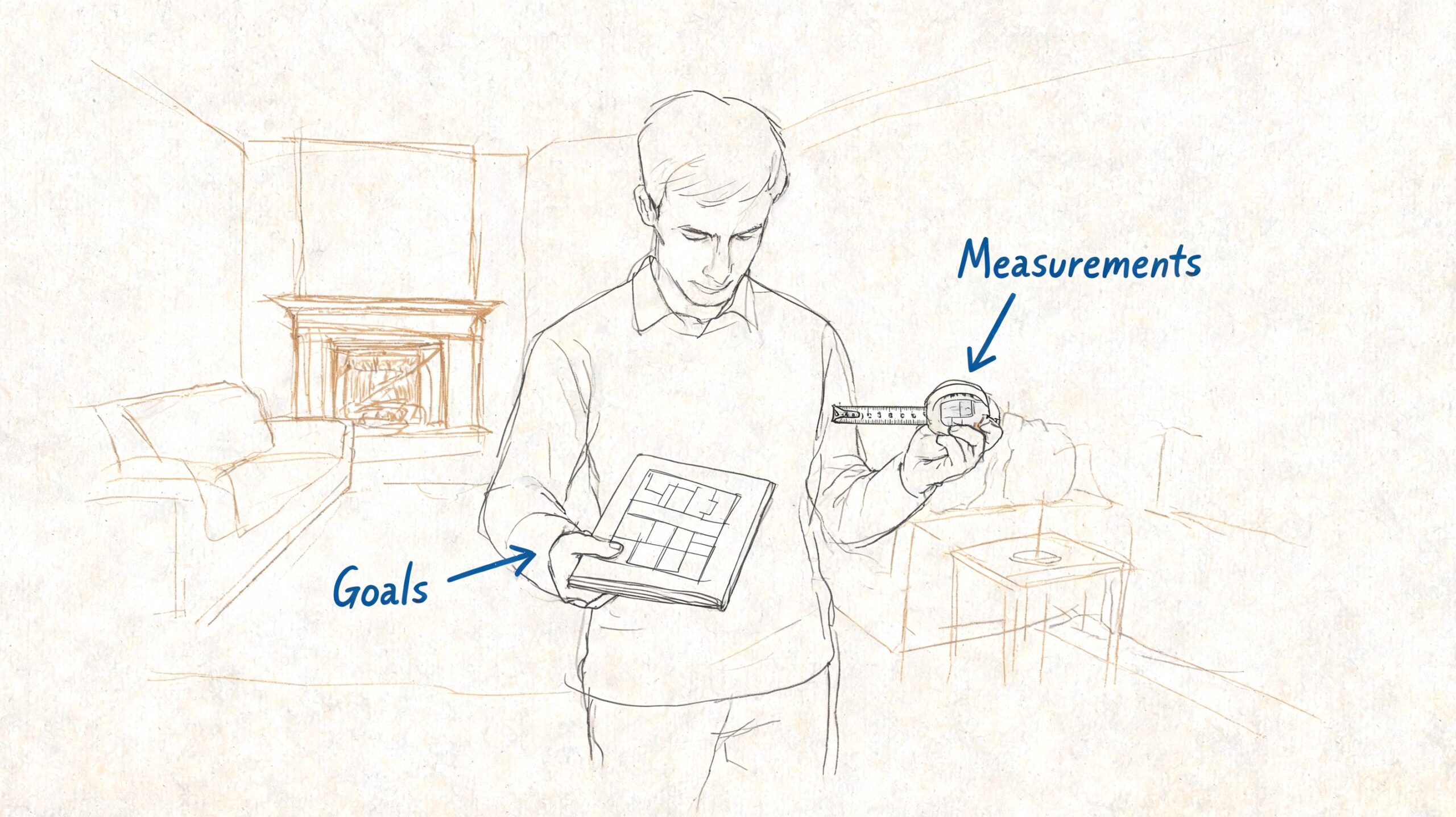A man holds a floor plan and a measuring tape while planning a living room interior layout.