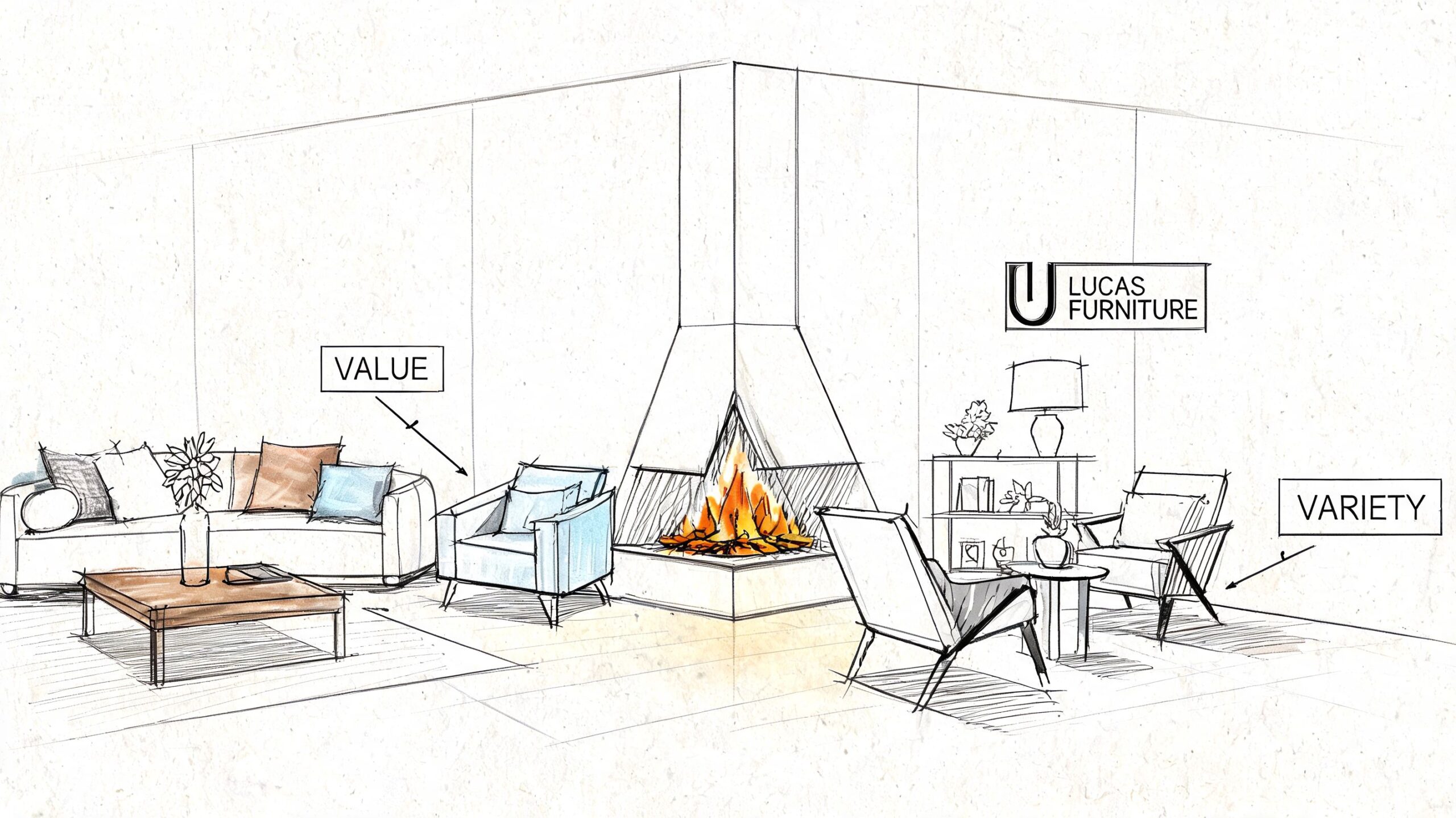 A pencil sketch of a modern living room featuring sofas, chairs, and a central corner fireplace.