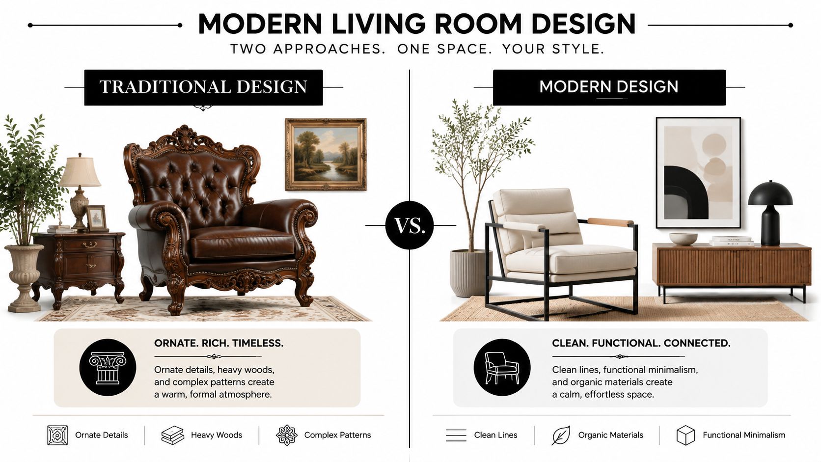 A comparison between traditional and modern living room furniture styles featuring different chairs, decor, and design elements.