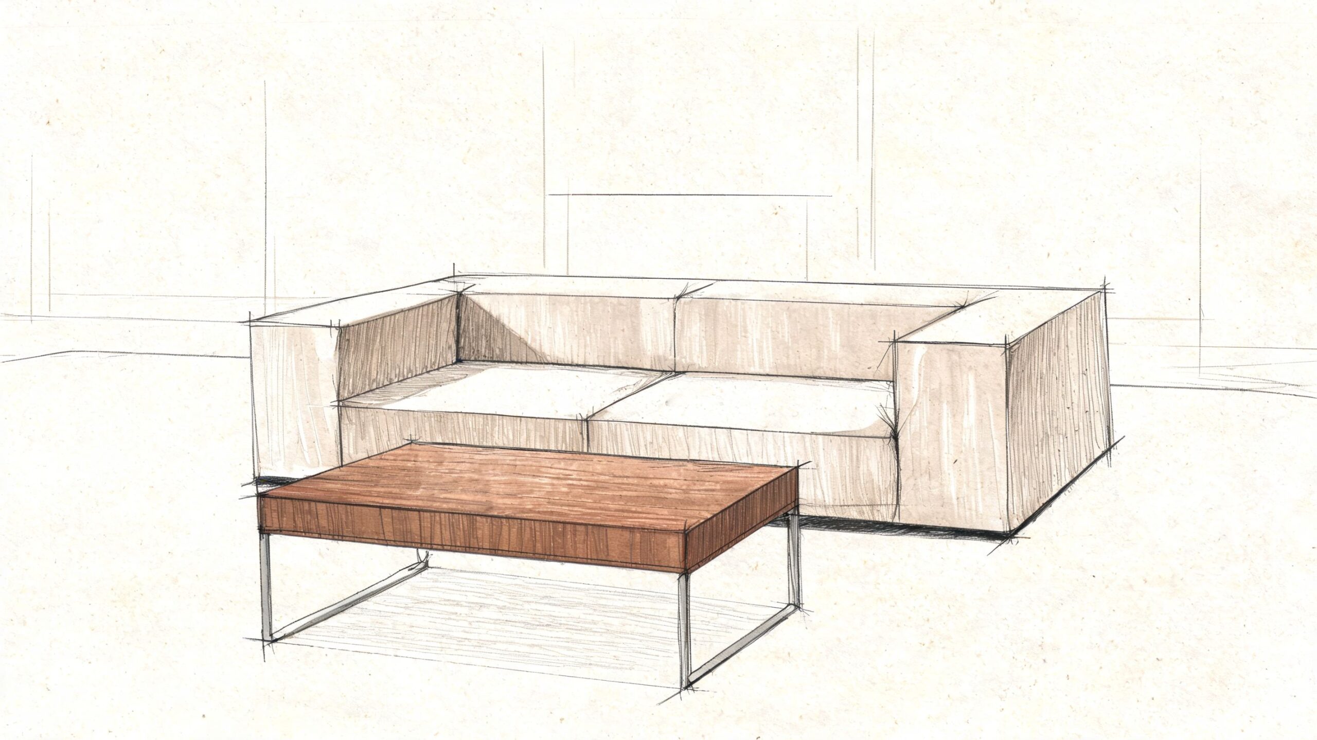 A pencil and watercolor sketch of a minimalist modern sofa placed behind a wooden coffee table.