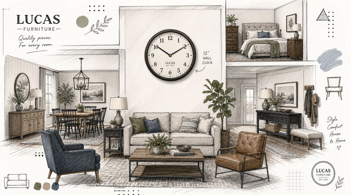 A sketched illustration of an elegant living room featuring a 12-inch wall clock and home furniture.
