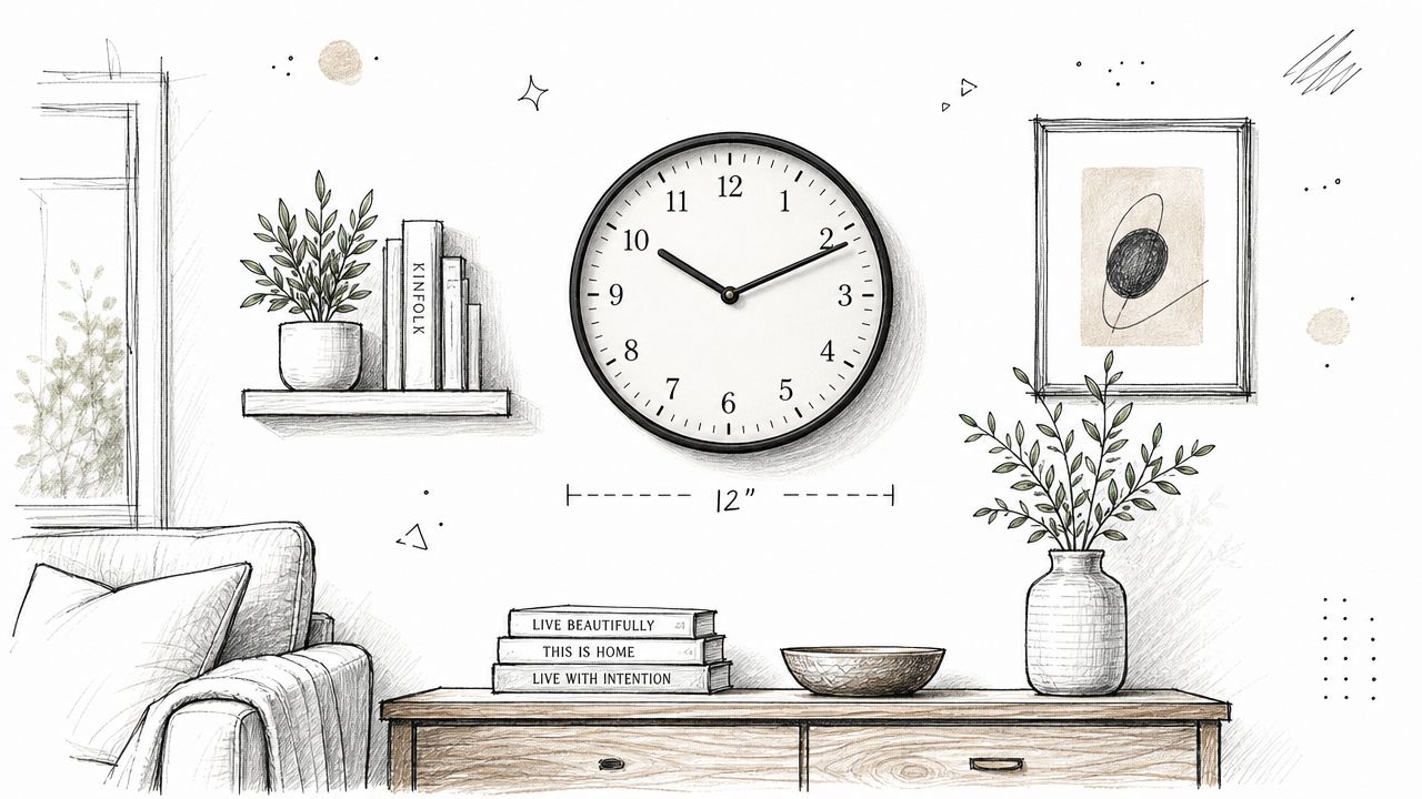 A pencil sketch of a modern living room featuring a 12-inch wall clock above a wooden console table.