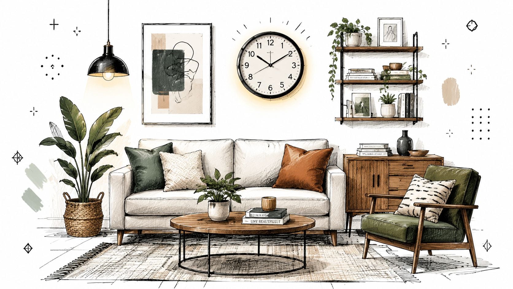 A modern living room sketch featuring a minimalist sofa, decorative plants, wall clock, and stylish coffee table.