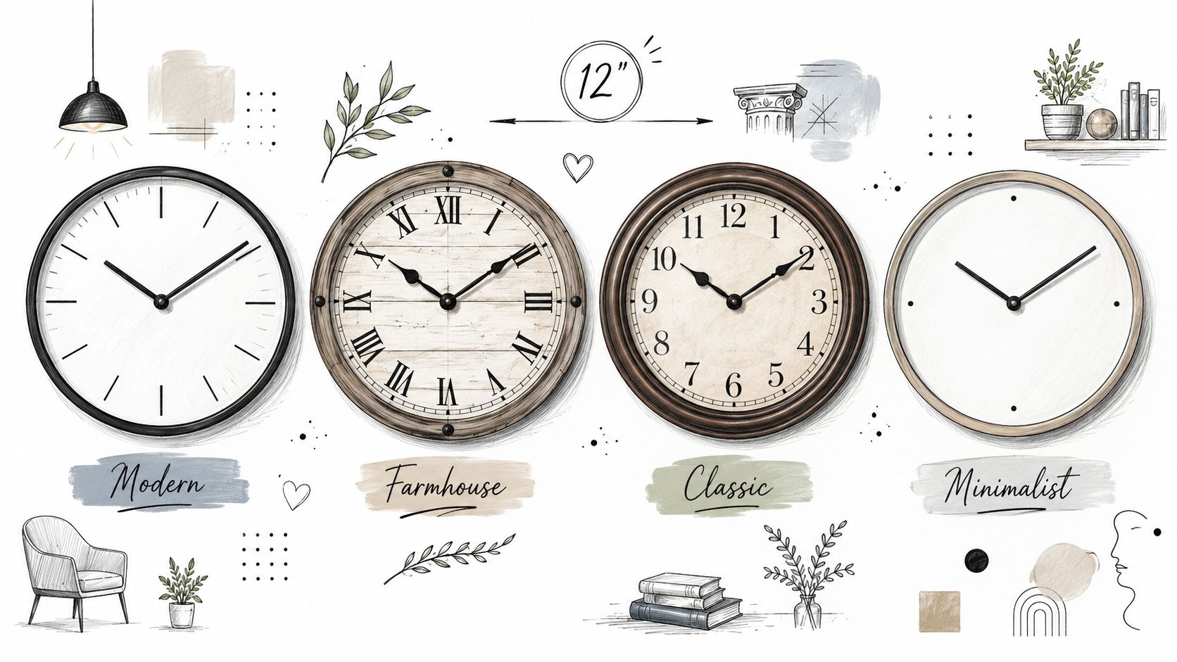 Four different styles of 12-inch wall clocks shown in modern, farmhouse, classic, and minimalist designs with sketches.