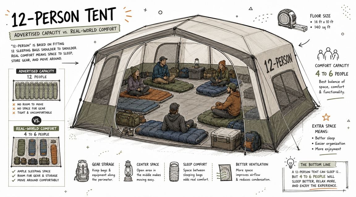 An illustration comparing the advertised capacity of a 12-person tent versus its comfortable real-world usage for camping.