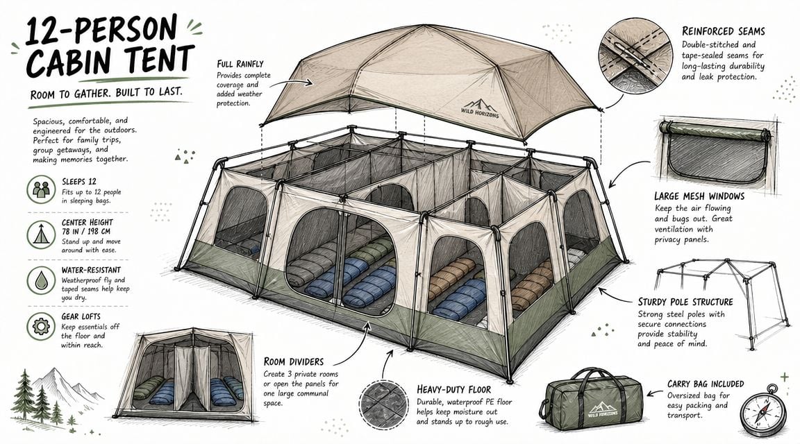 A diagram of a 12-person cabin tent showing its layout, features, room dividers, and included storage bag.