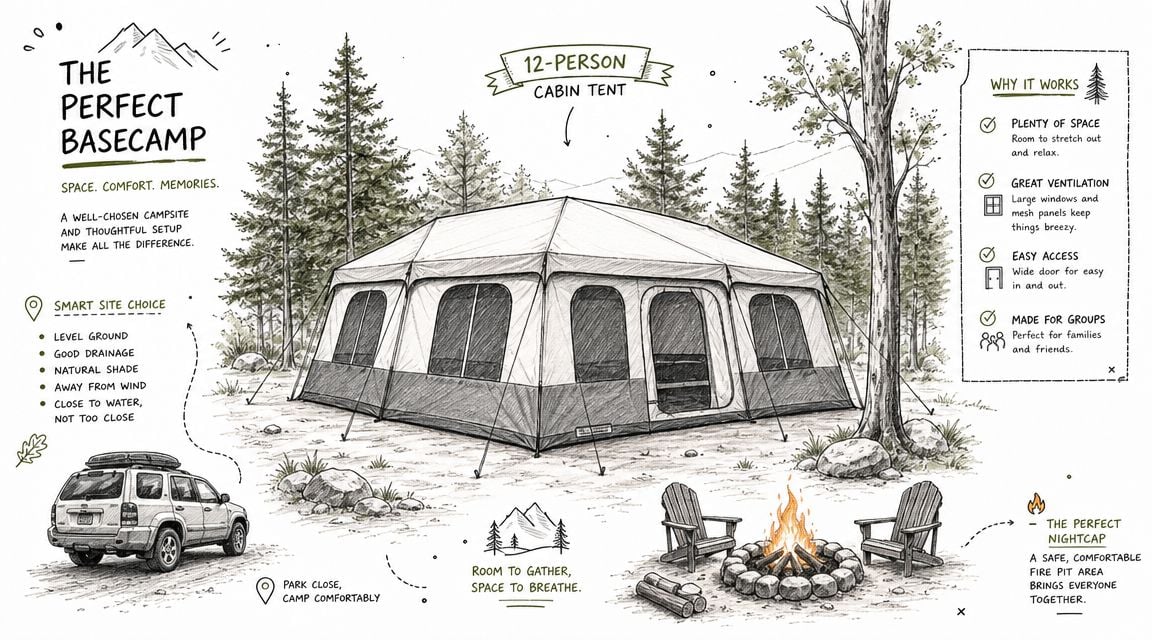 A detailed illustration of a 12-person cabin tent at a campsite with a car and fire pit.