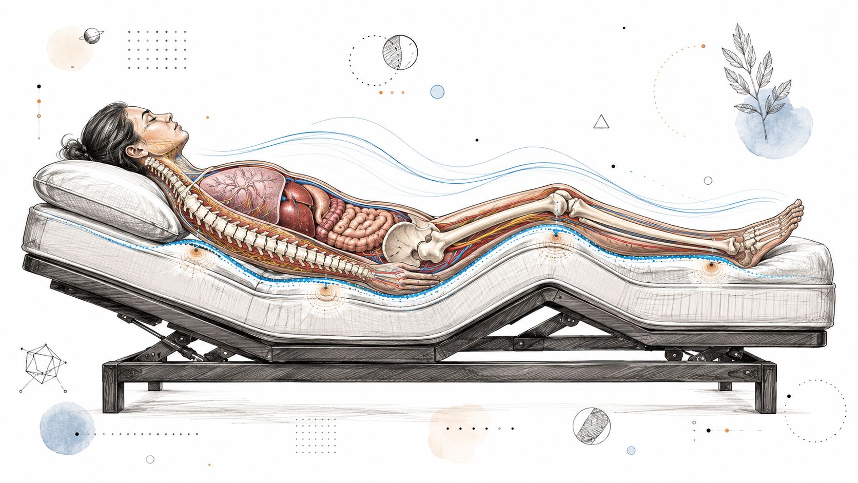 An illustration showing a woman reclining on an adjustable bed, highlighting her internal anatomy and skeleton.