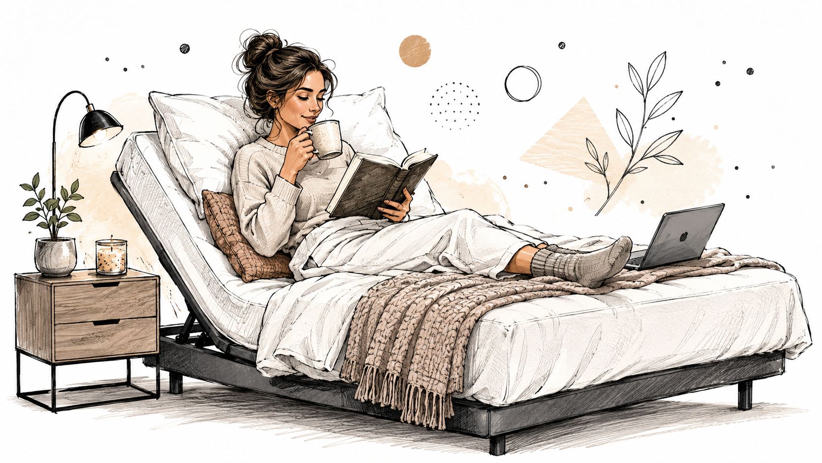 A relaxed woman reading a book and drinking coffee while sitting on an adjustable bed.