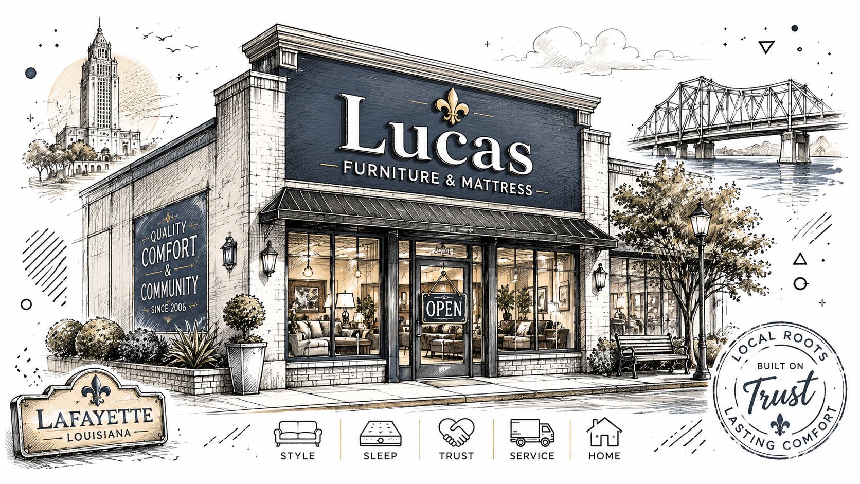 A hand-drawn illustration of a local furniture and mattress store in Lafayette, Louisiana, with a welcoming storefront.