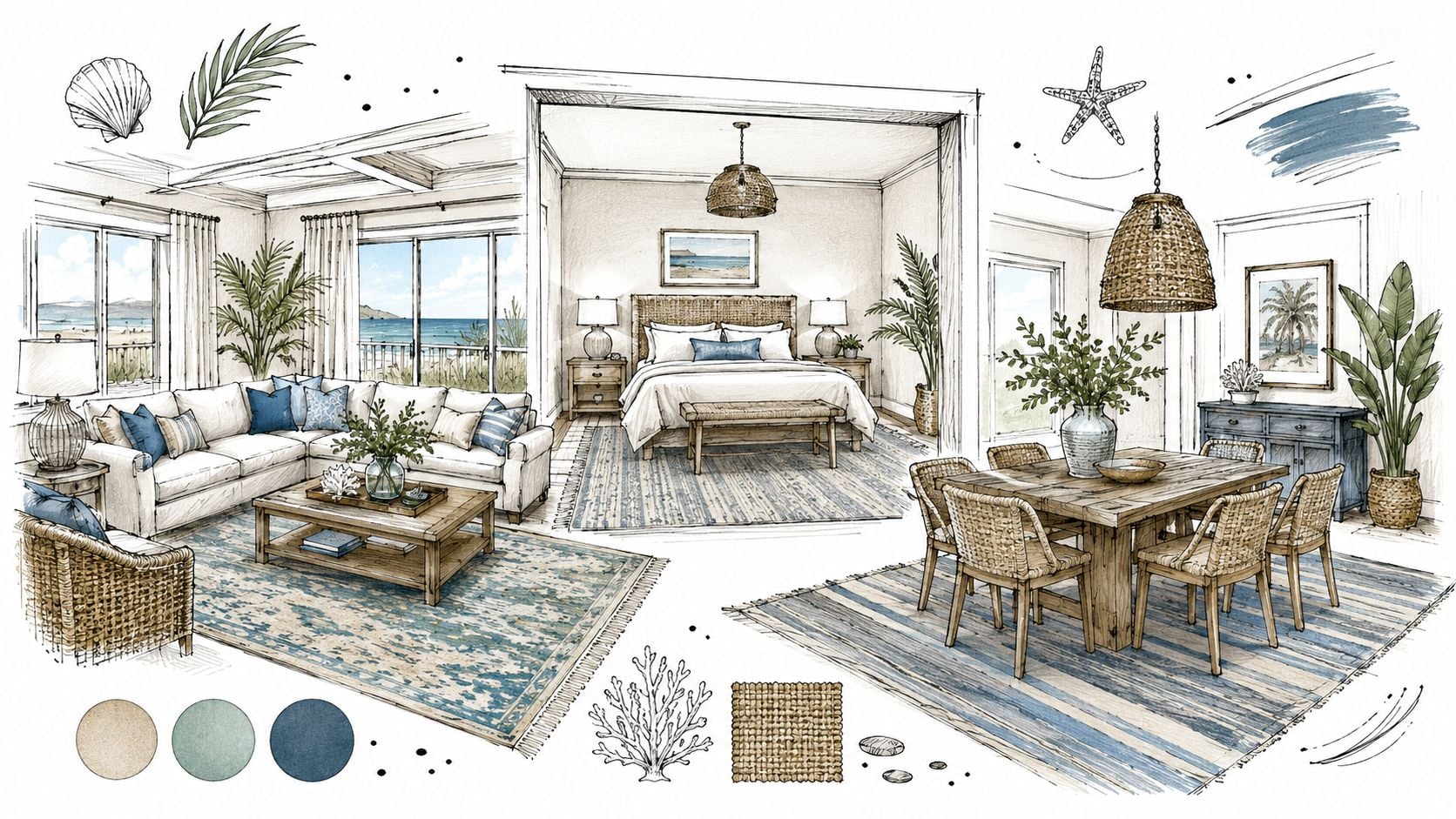 A coastal-inspired home interior sketch featuring living, bedroom, and dining spaces with blue area rugs and decor.