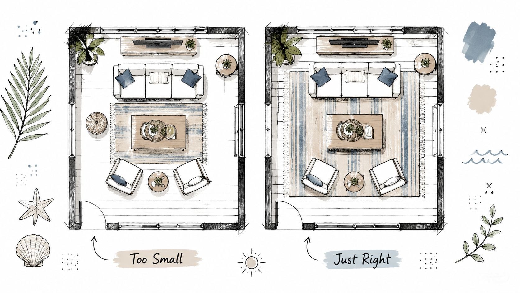 A floor plan comparing a small area rug and a correctly sized area rug in a living room.