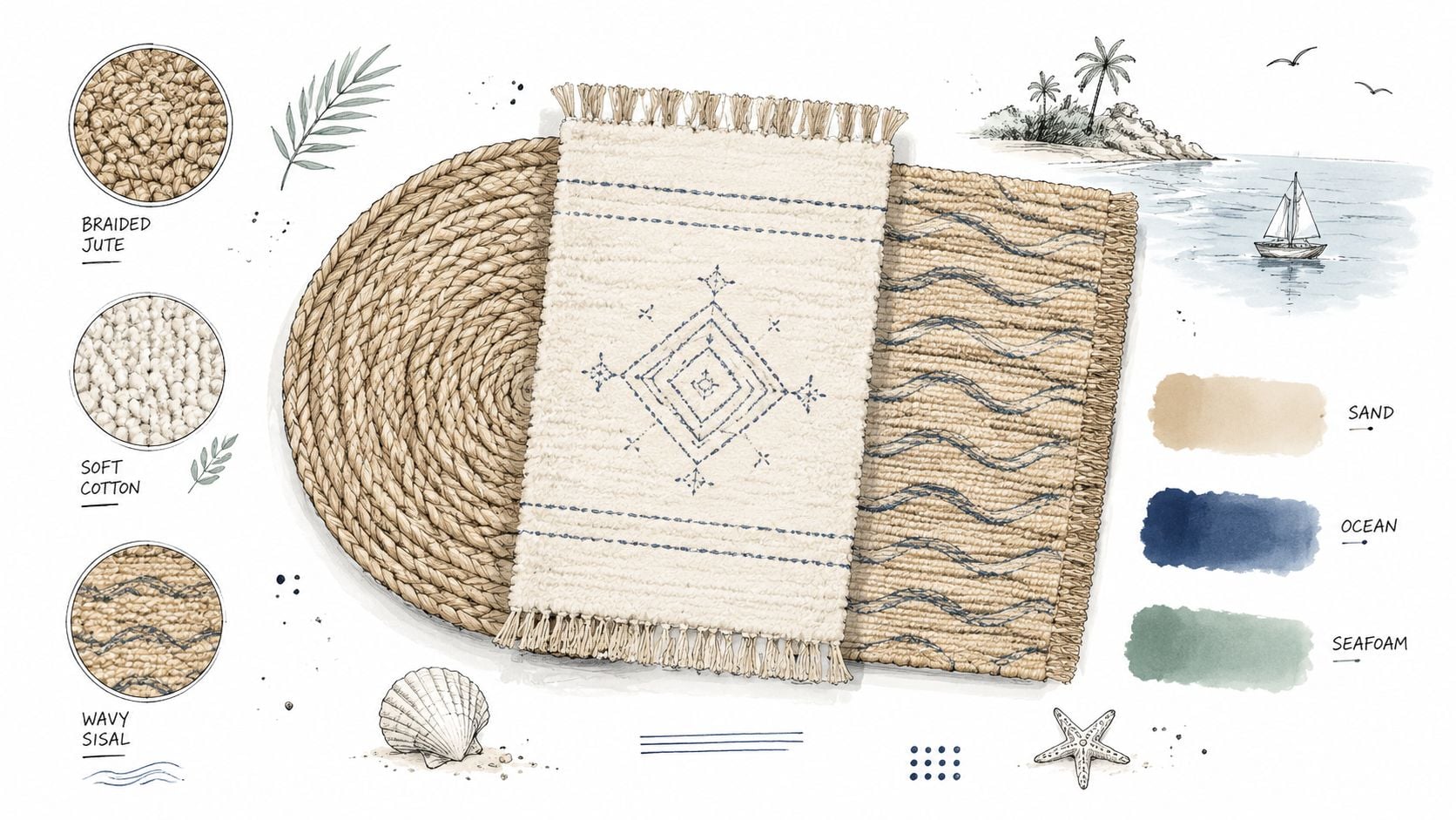 A creative mood board featuring textured beachy area rugs, natural materials, and nautical coastal decor elements.