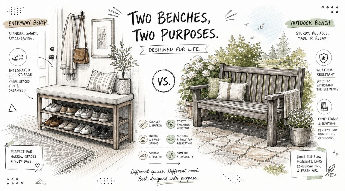 A comparison infographic featuring an indoor entryway shoe bench versus a sturdy outdoor garden wooden bench.