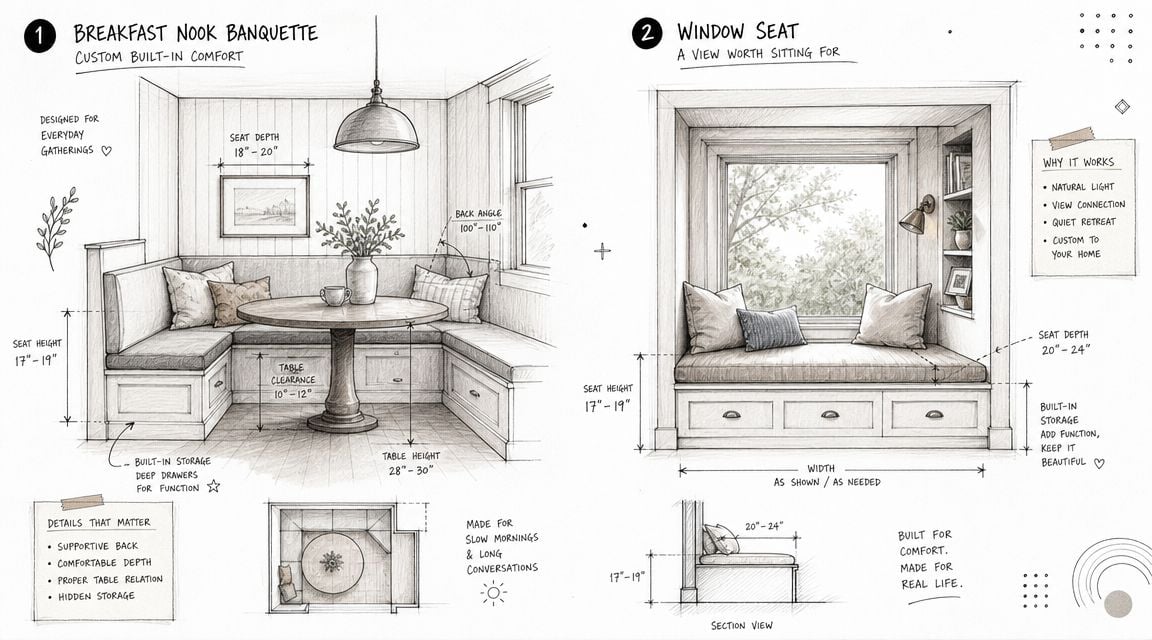 A detailed architectural design sketch showing dimensions and layout for a breakfast nook banquette and window seat.
