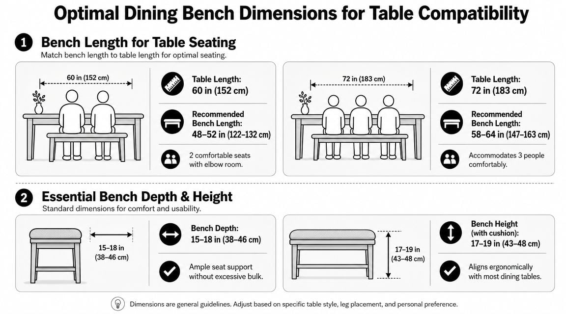 A guide illustrating optimal dining bench lengths, depths, and heights for comfortable table seating arrangements.