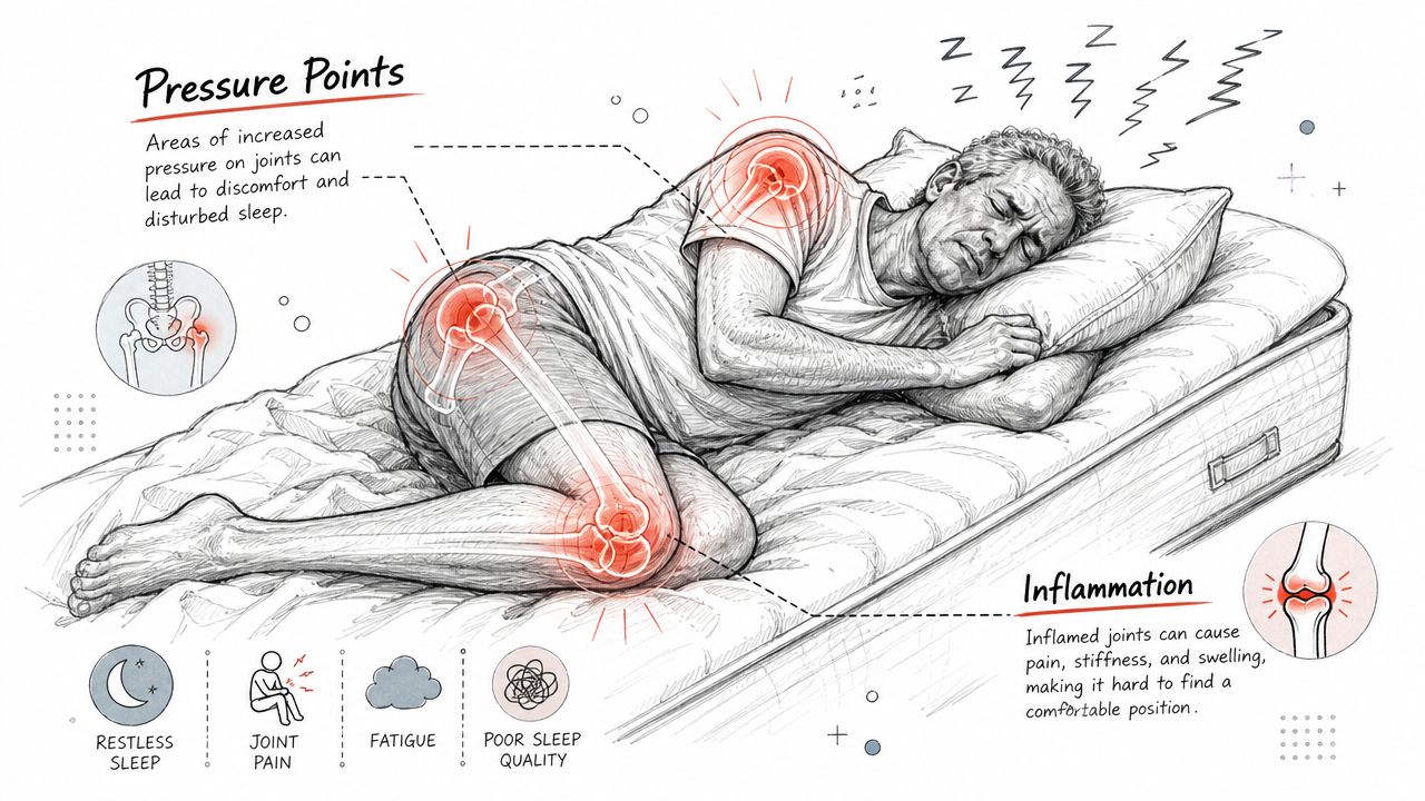 A line drawing illustration showing a person sleeping on their side experiencing pain in their shoulder and hip.
