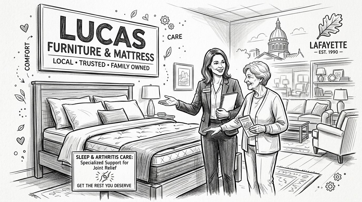 A friendly furniture store associate assists an older woman with selecting a supportive mattress for arthritis relief.