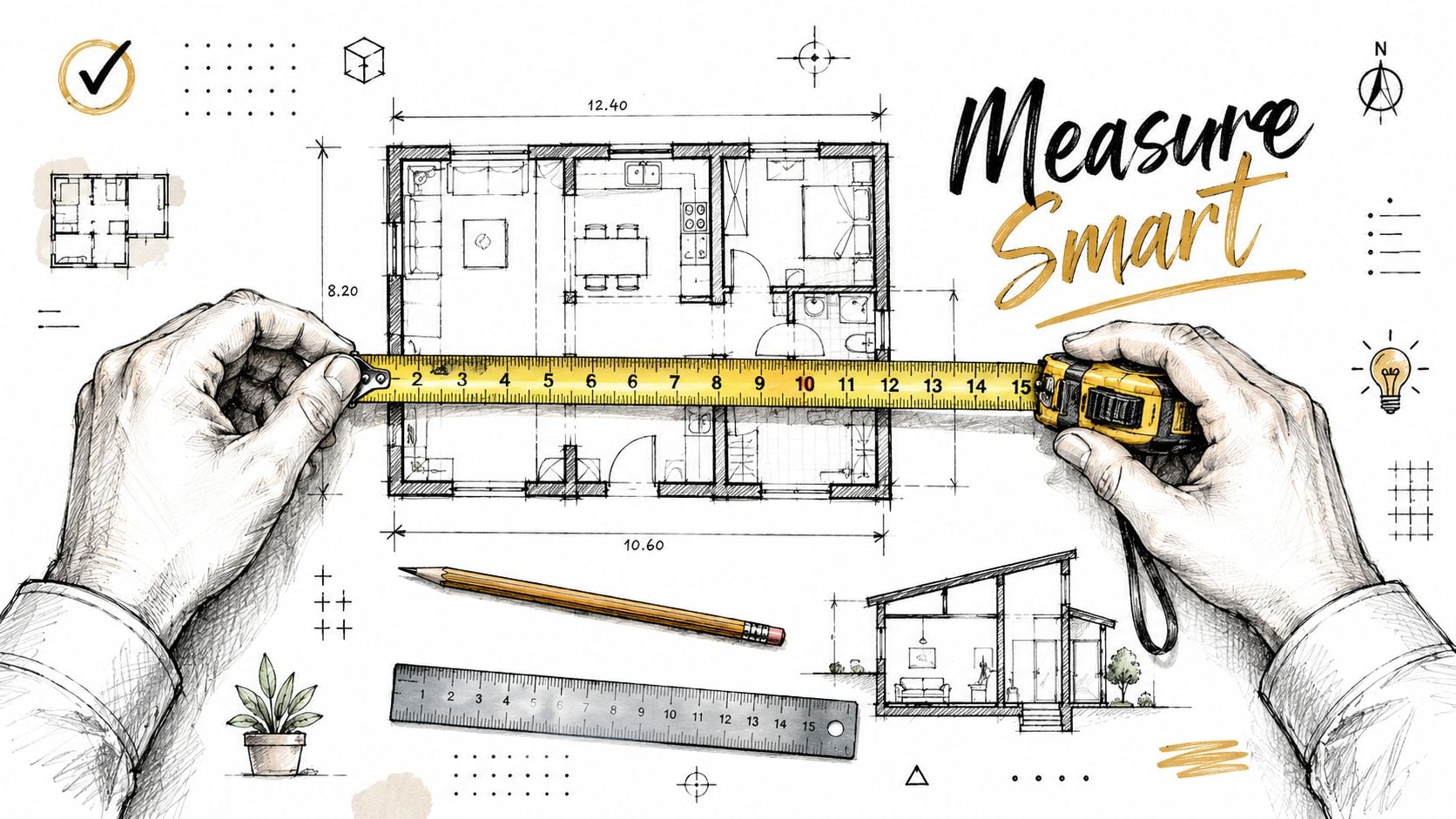 Hands using a tape measure to measure architectural floor plans and design blueprints for home remodeling.