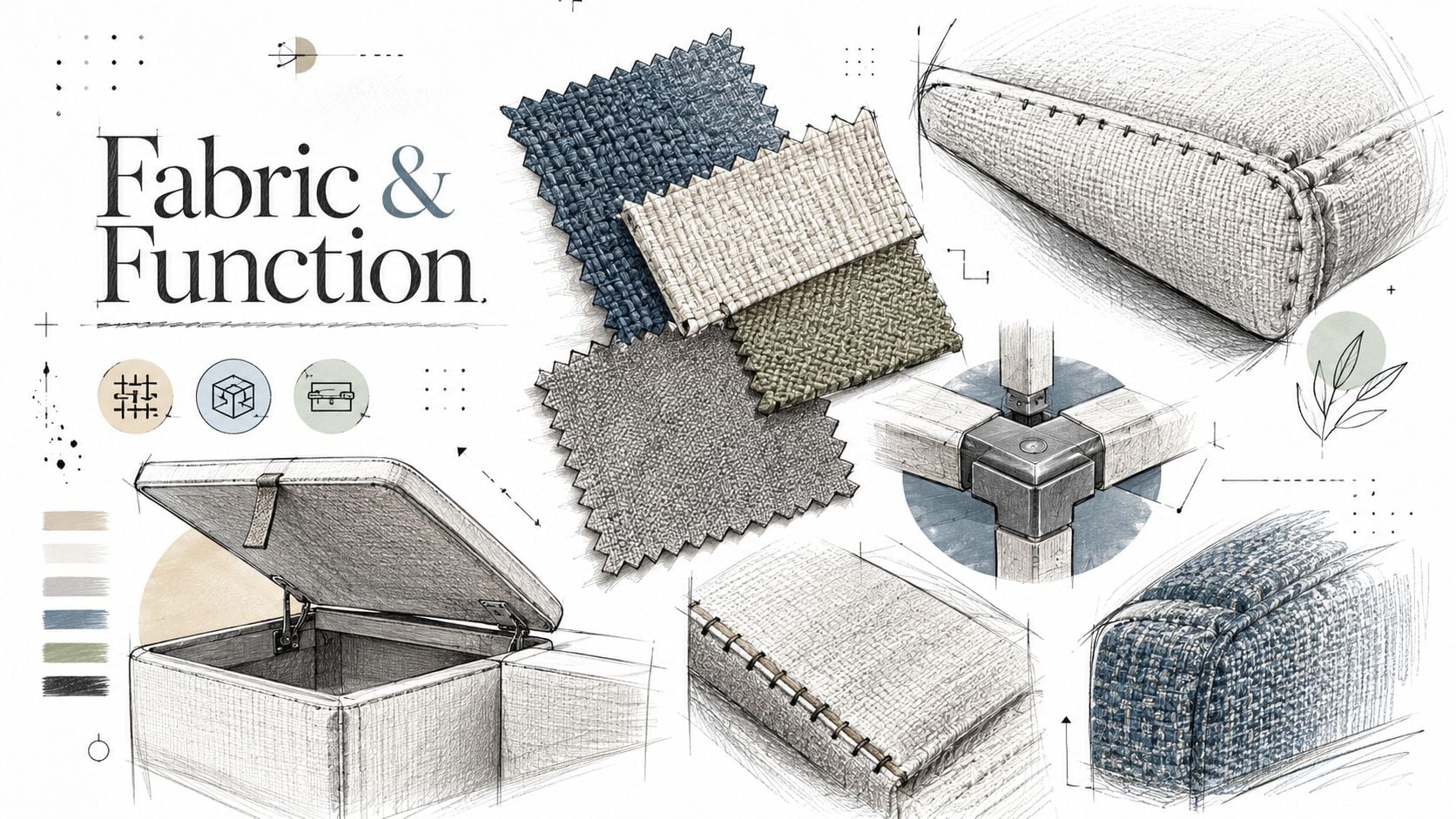 A design sketch illustration featuring fabric swatches and detailed construction views of a modular furniture piece.