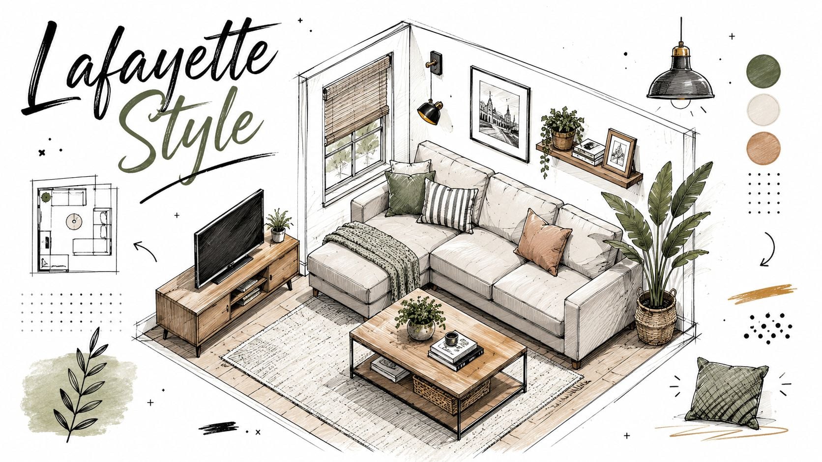 A detailed architectural sketch of a cozy, modern living room featuring a sectional sofa and decor.