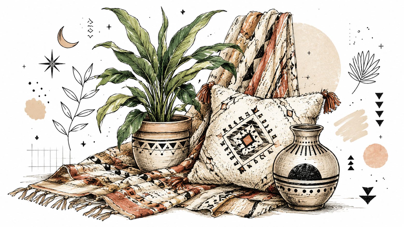 A hand-drawn illustration featuring a potted plant, a patterned throw pillow, and a decorative ceramic vase.