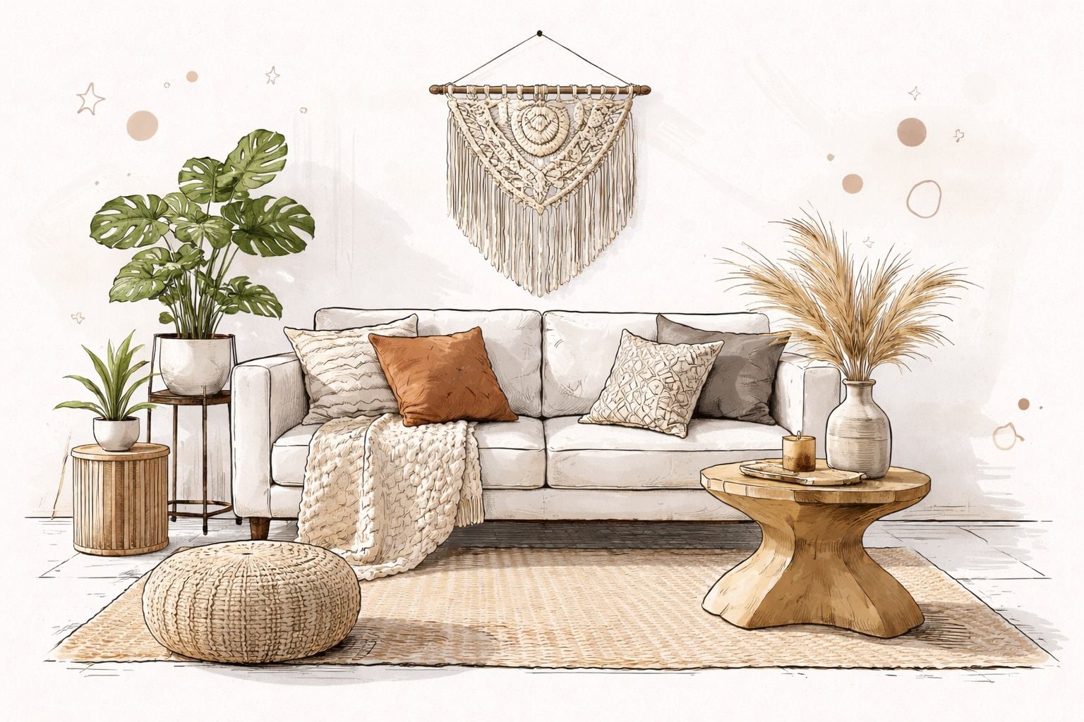 A cozy bohemian style living room featuring a comfortable sofa, macrame wall art, and natural wooden decor.