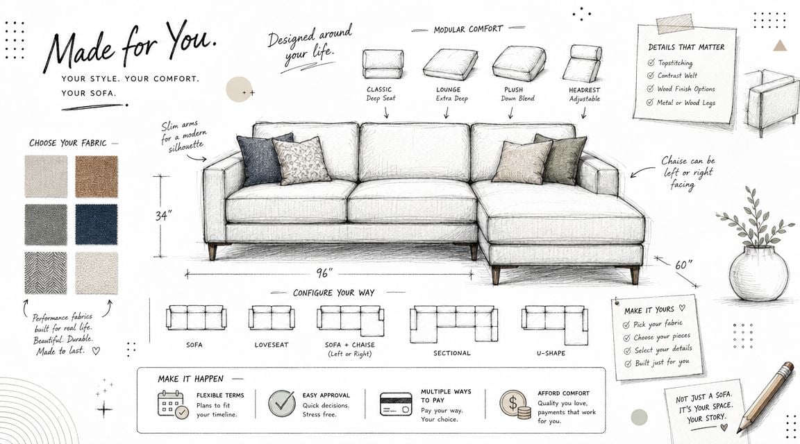 A detailed design sketch of a customizable modular sofa featuring fabric options, dimensions, and configuration choices.