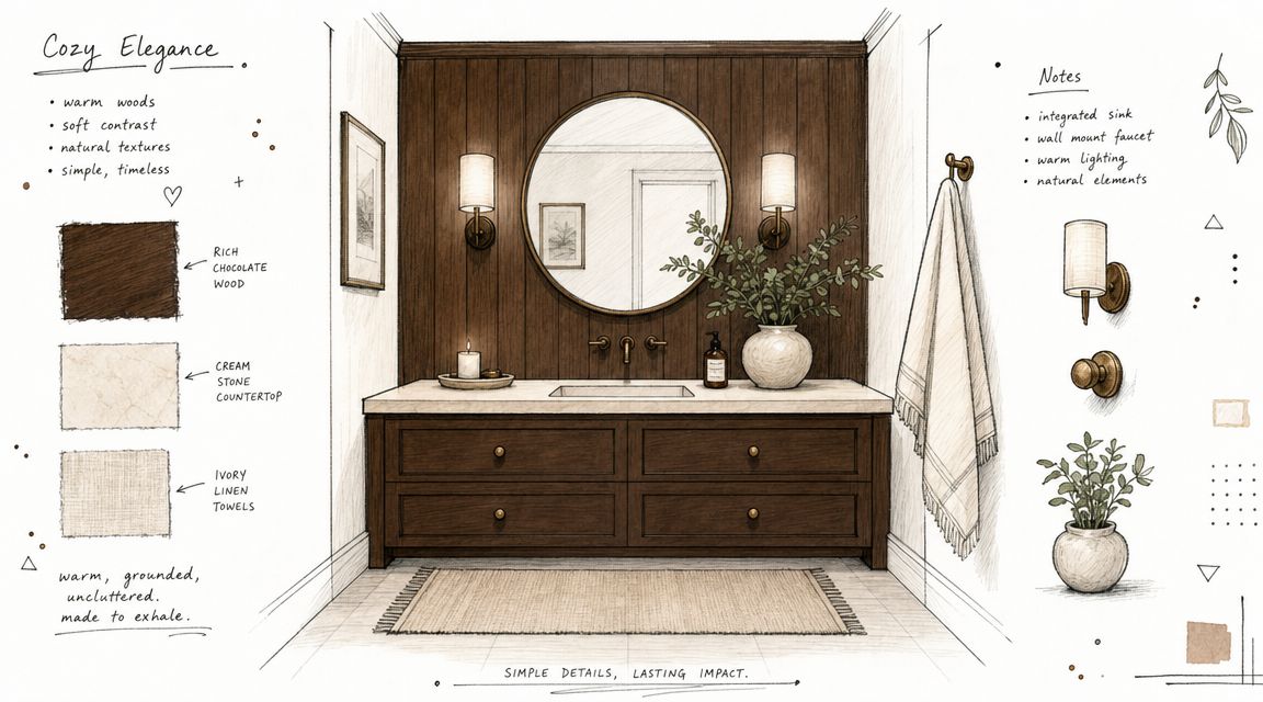 A sophisticated bathroom design sketch featuring dark wood walls, a cream stone countertop, and elegant round mirror.