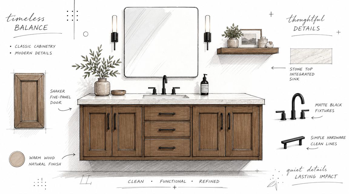 A detailed architectural sketch of a modern bathroom vanity with wood cabinetry and matte black fixtures.