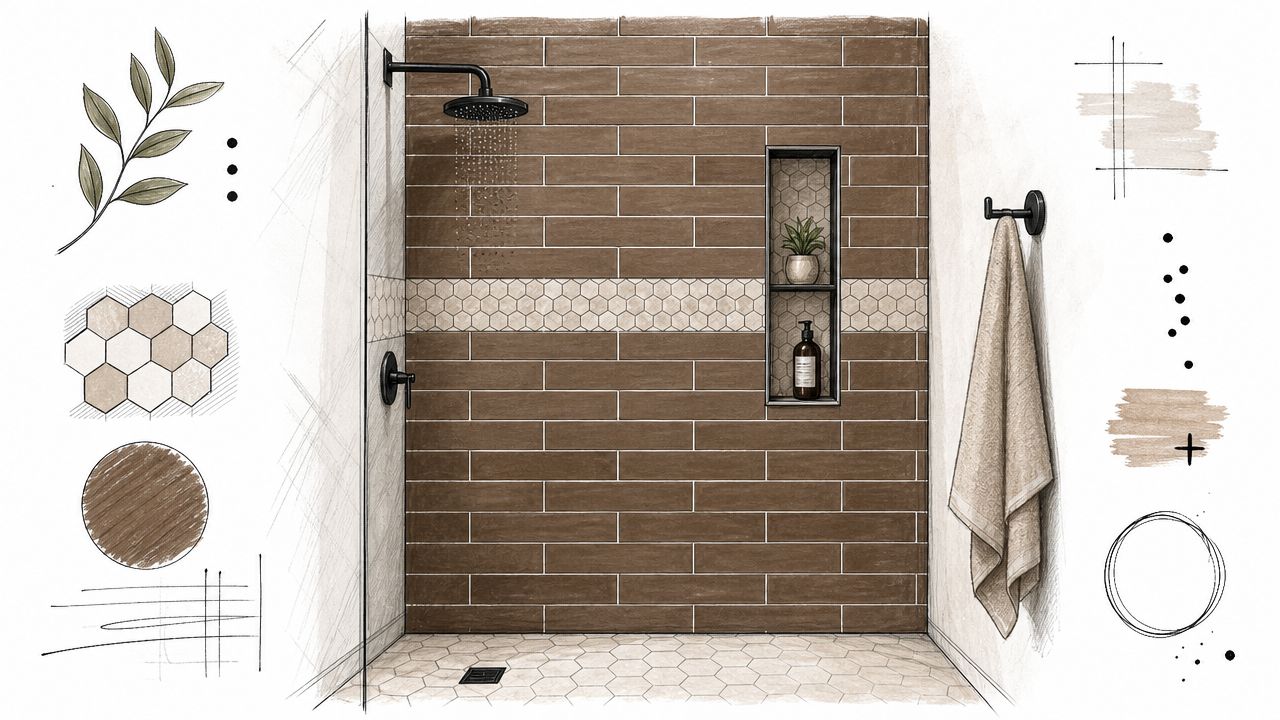A digital sketch of a modern walk-in shower featuring brown subway tiles and a decorative hexagon tile border.