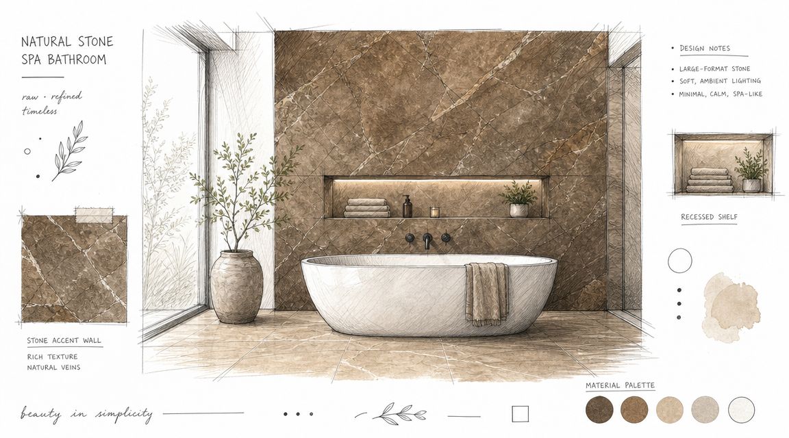 A sophisticated bathroom sketch featuring a minimalist freestanding bathtub set against a luxurious, textured brown marble stone wall.