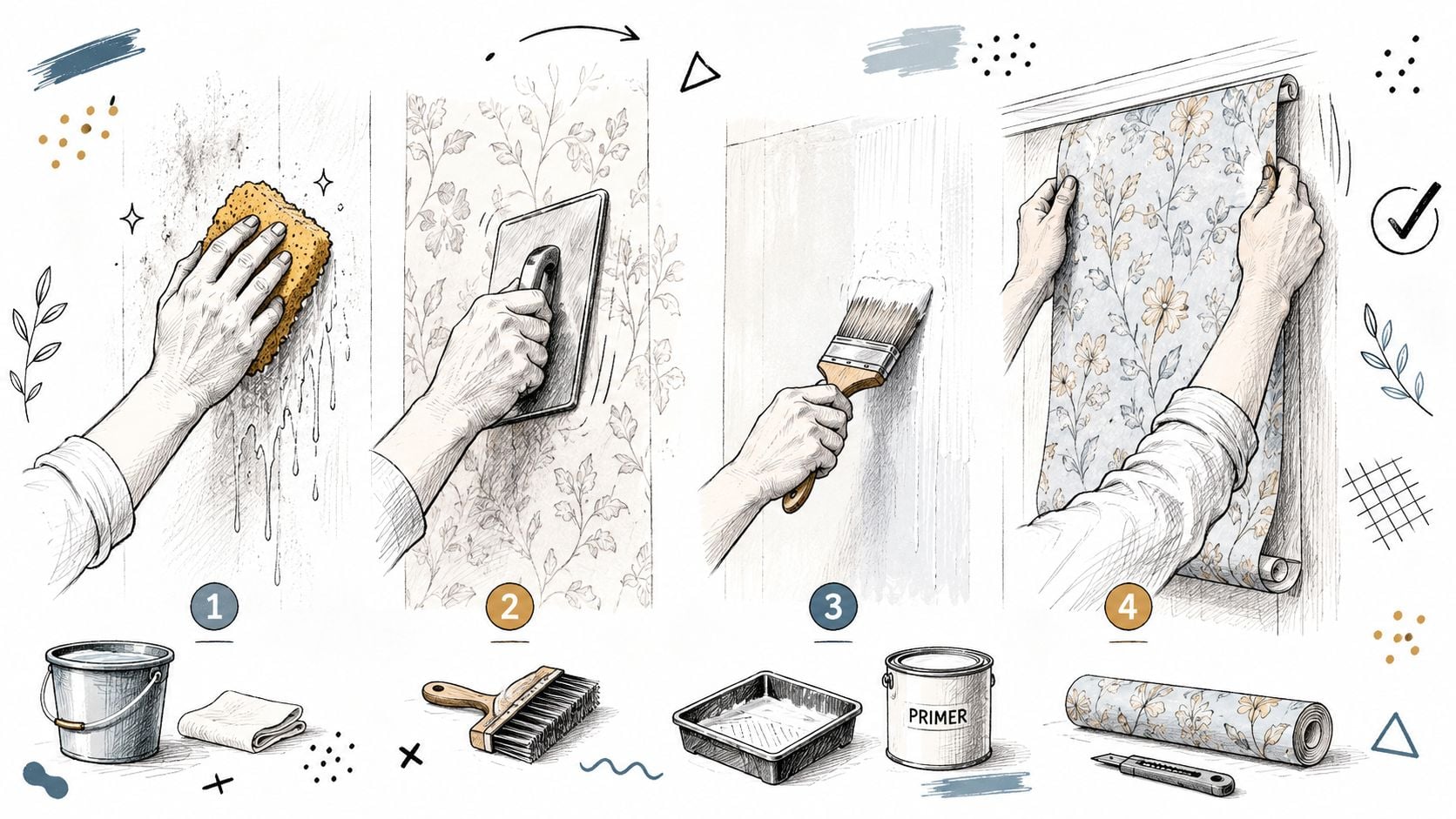 A four-step illustrated guide showing how to remove old wallpaper and apply new wallpaper to walls.