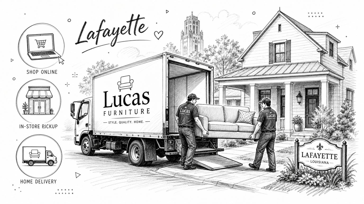 Two delivery men from Lucas Furniture unloading a sofa from a truck in front of a house.