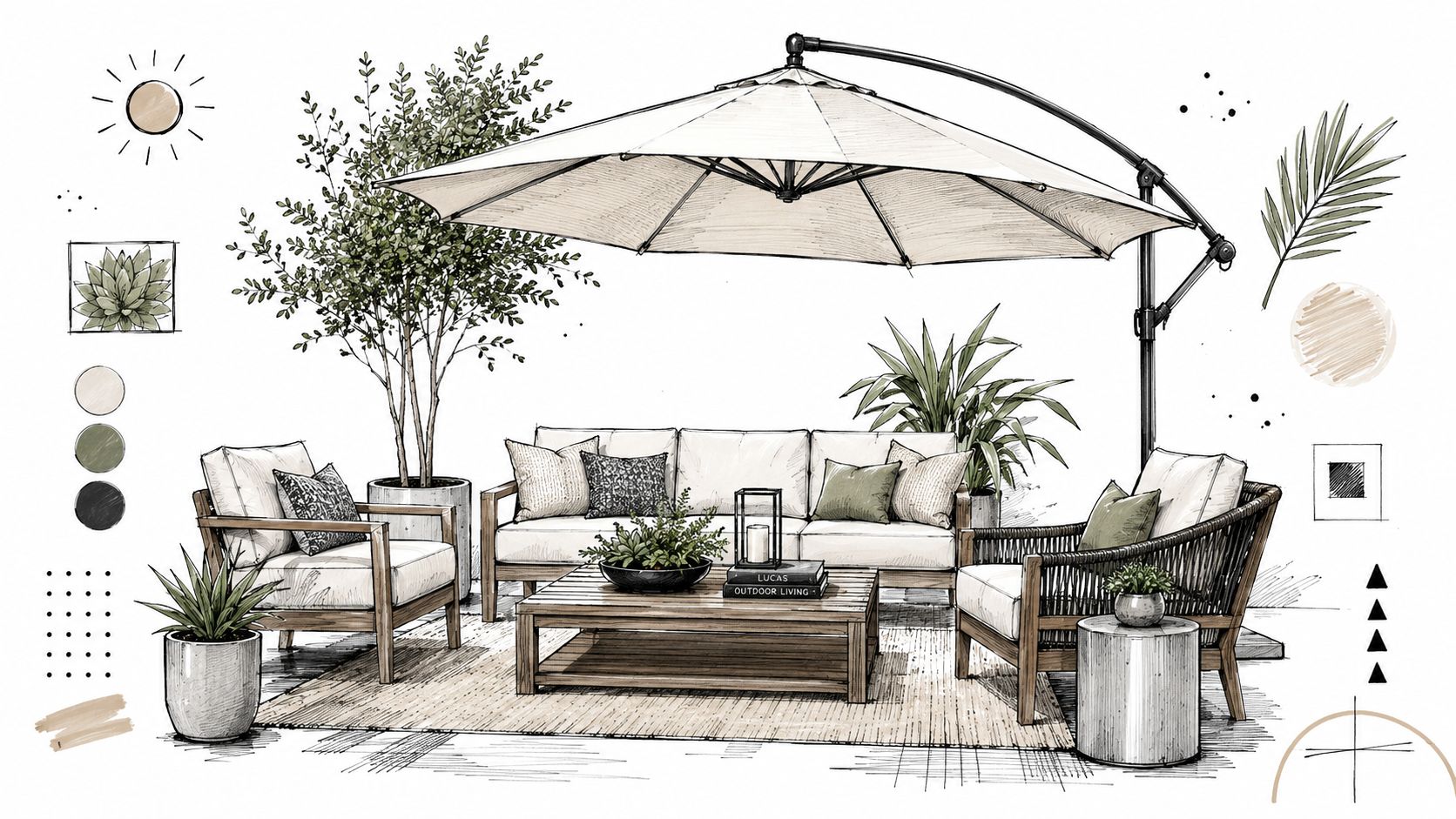 A hand-drawn sketch of an elegant outdoor lounge area featuring a large cantilever umbrella and modern patio furniture.