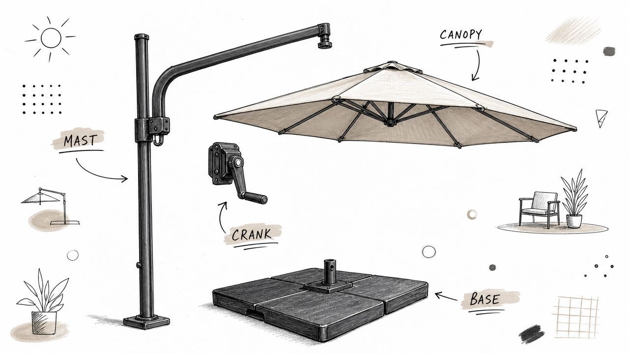 A detailed technical illustration showing the various components of a cantilever patio umbrella including base, mast, and crank.