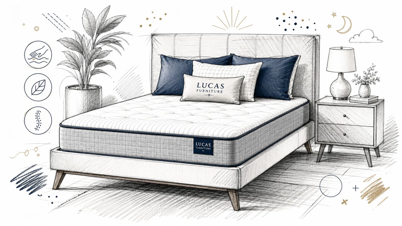 A hand-drawn sketch of a Lucas Furniture bed with a mattress, pillows, and matching nightstand.