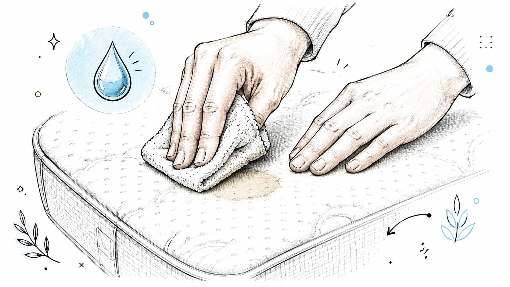 A pair of hands cleaning a stained spot on a memory foam mattress using a white cloth.