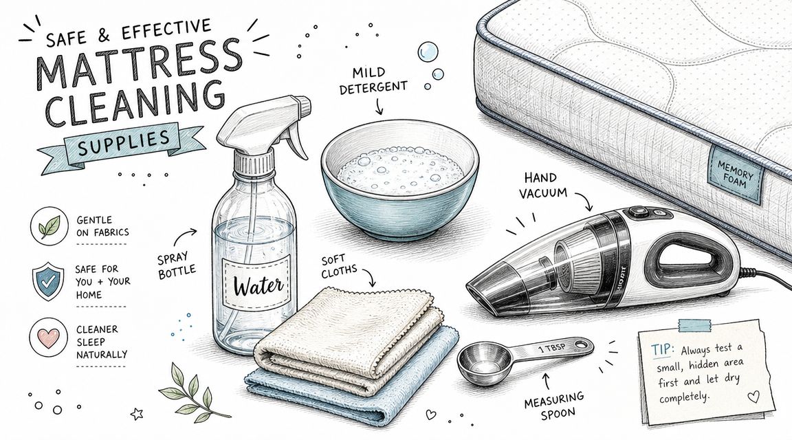 A hand-drawn illustration showing supplies for cleaning a memory foam mattress, including a vacuum, soap, and cloths.