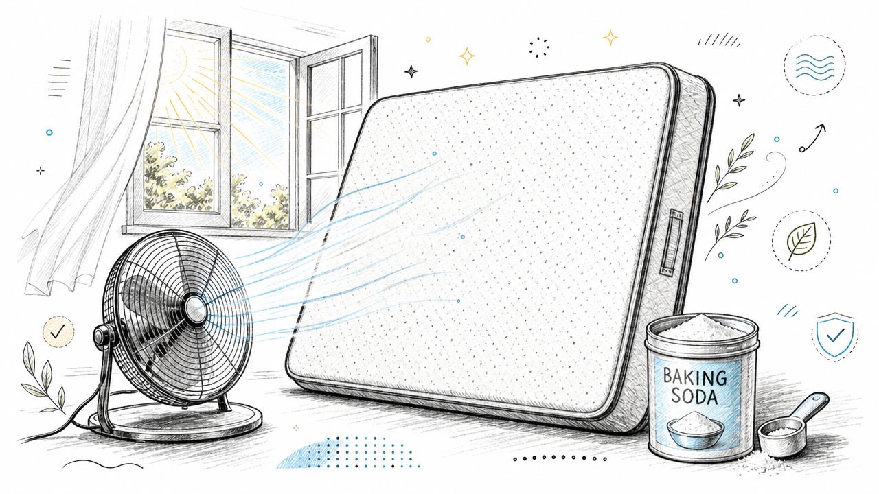 A hand-drawn illustration showing a memory foam mattress being aired out with a fan and baking soda.