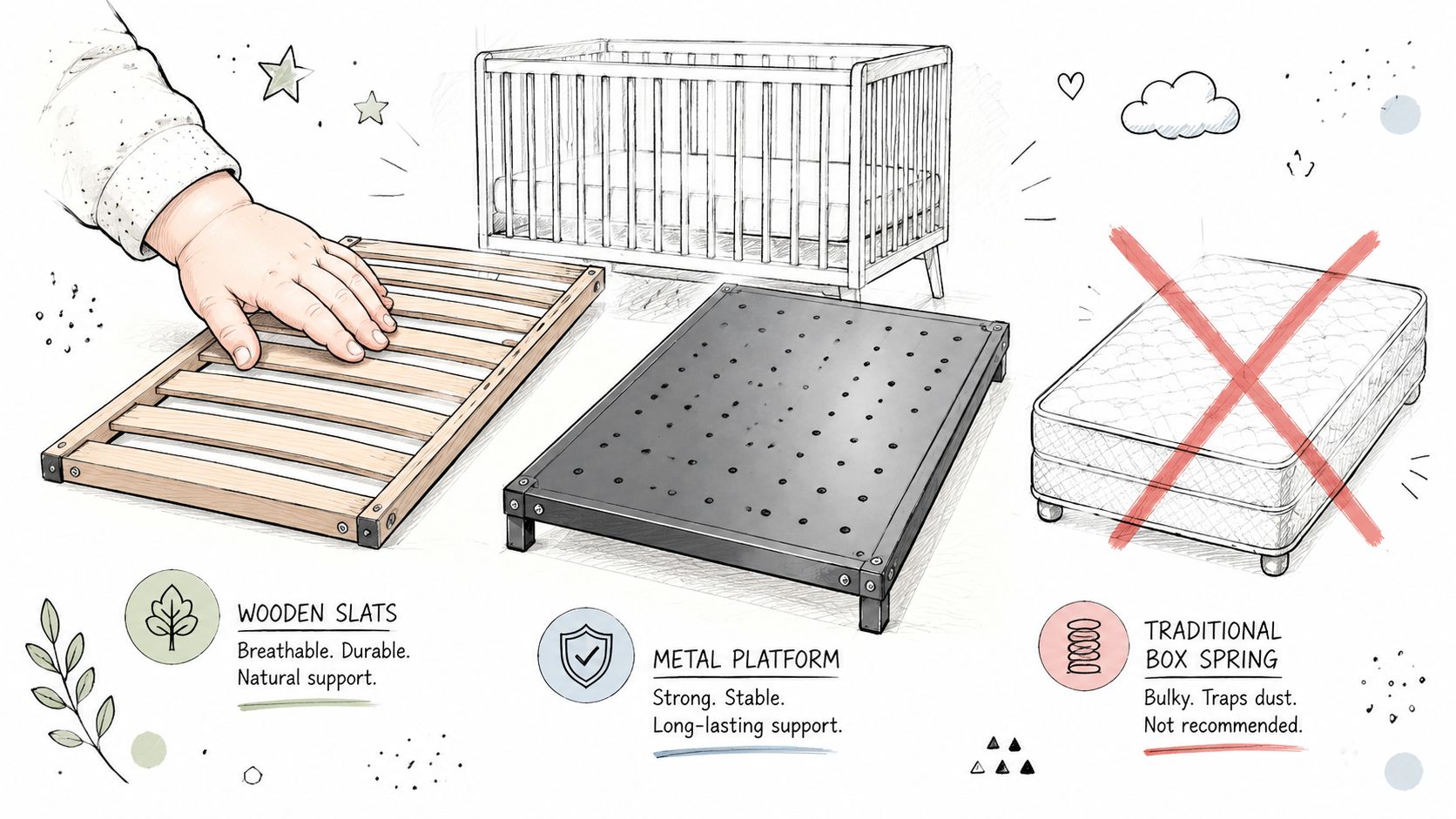 A diagram comparing recommended wooden slats and metal platforms for cribs against a discouraged traditional box spring.