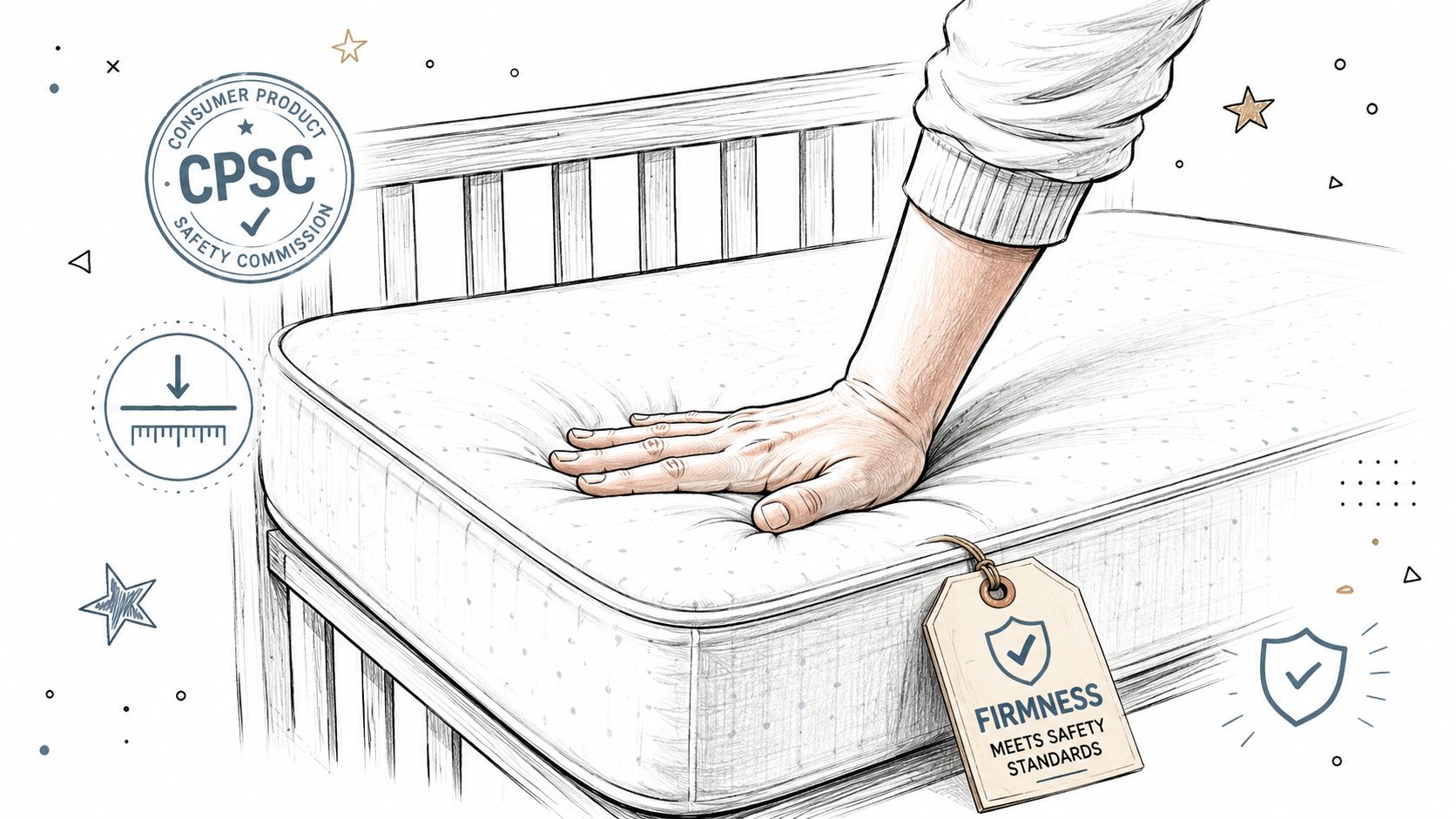 A hand testing a firm crib mattress for safety standards compliant with CPSC regulations.