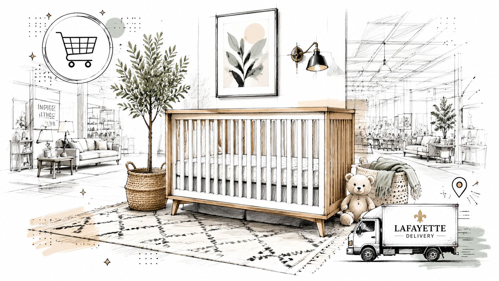 A line art drawing of a baby crib in a cozy nursery room with furniture delivery branding.