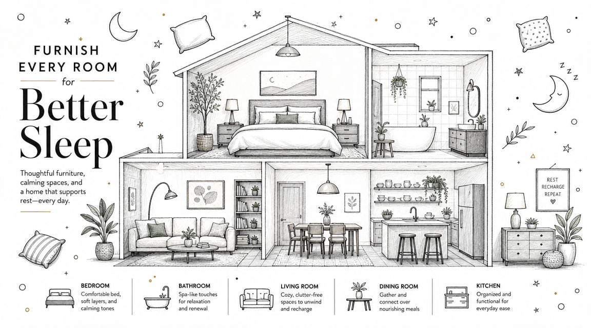 A hand-drawn illustration showing a cutaway view of a home with a bedroom, bathroom, living, dining, and kitchen.
