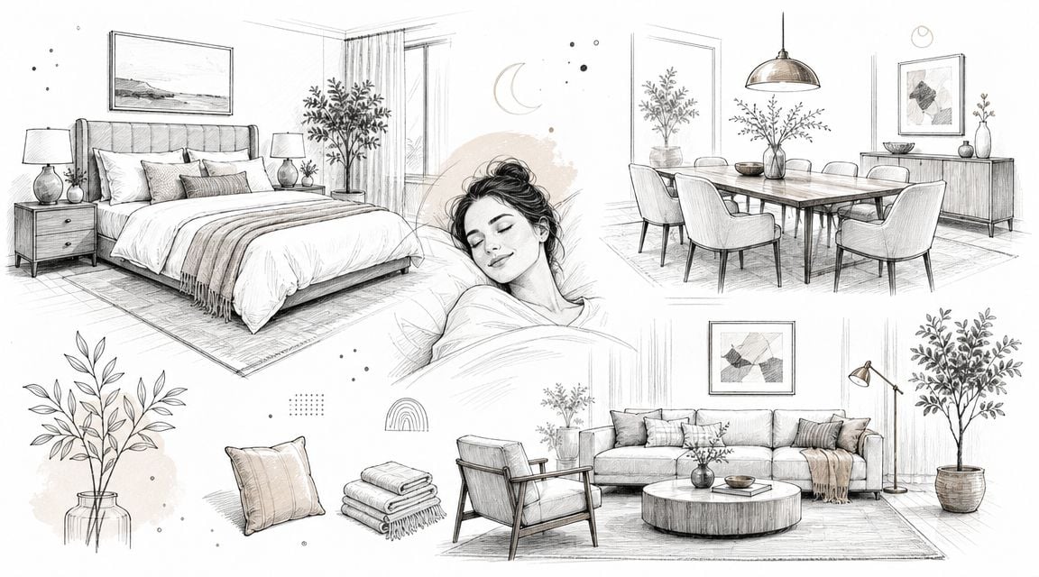 A curated collection of interior design sketches featuring a bedroom, dining area, living room, and decor elements.