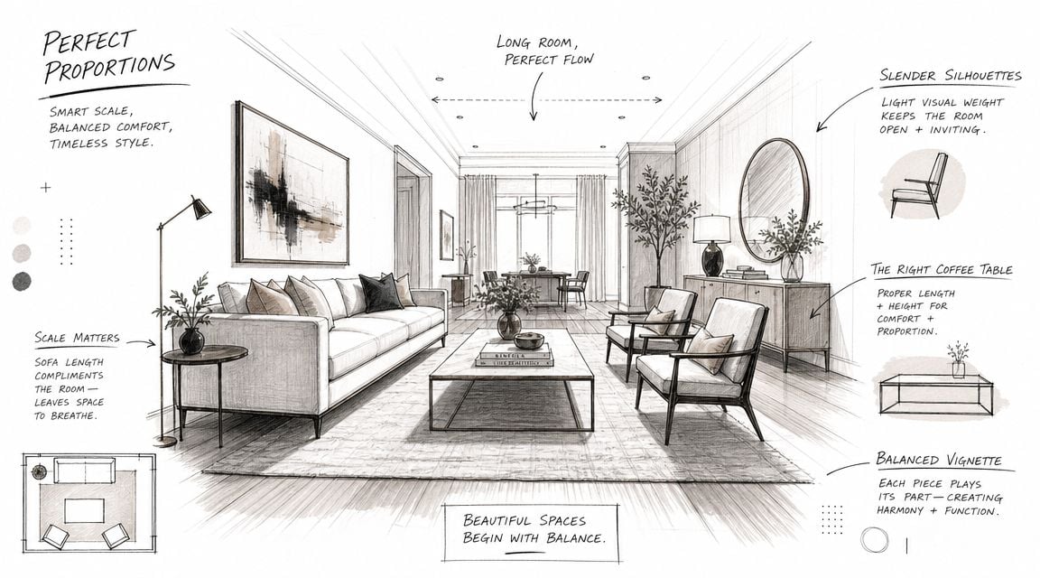 A pencil sketch of a balanced living room interior design featuring a sofa, coffee table, and armchairs.