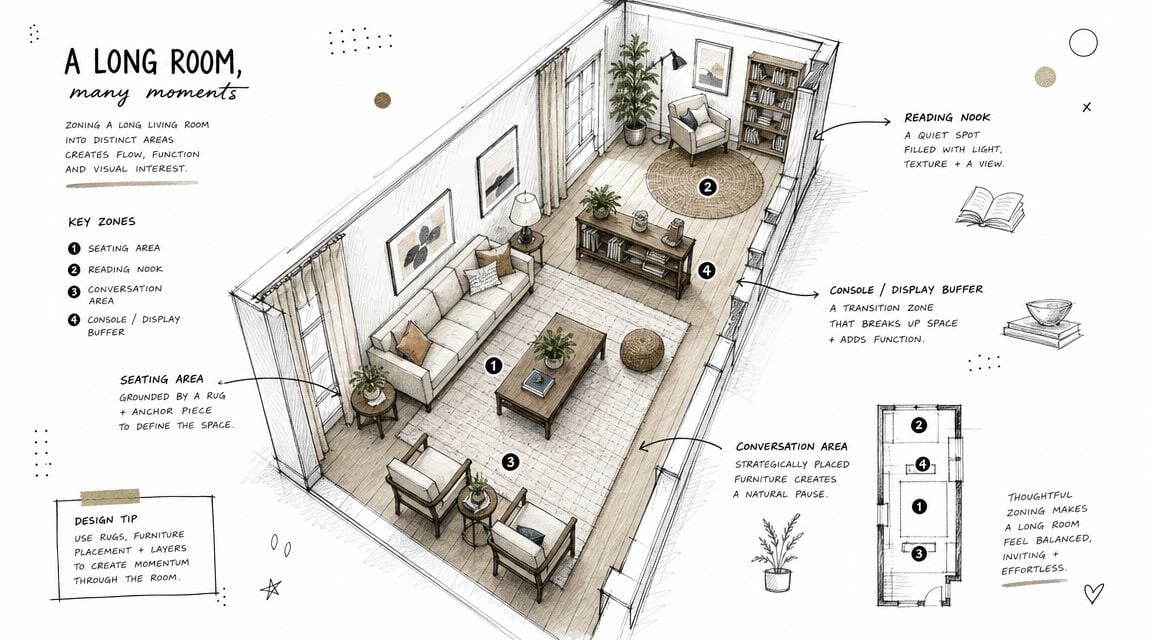 A hand-drawn illustration showing floor plan ideas for decorating a long living room with distinct furniture zones.