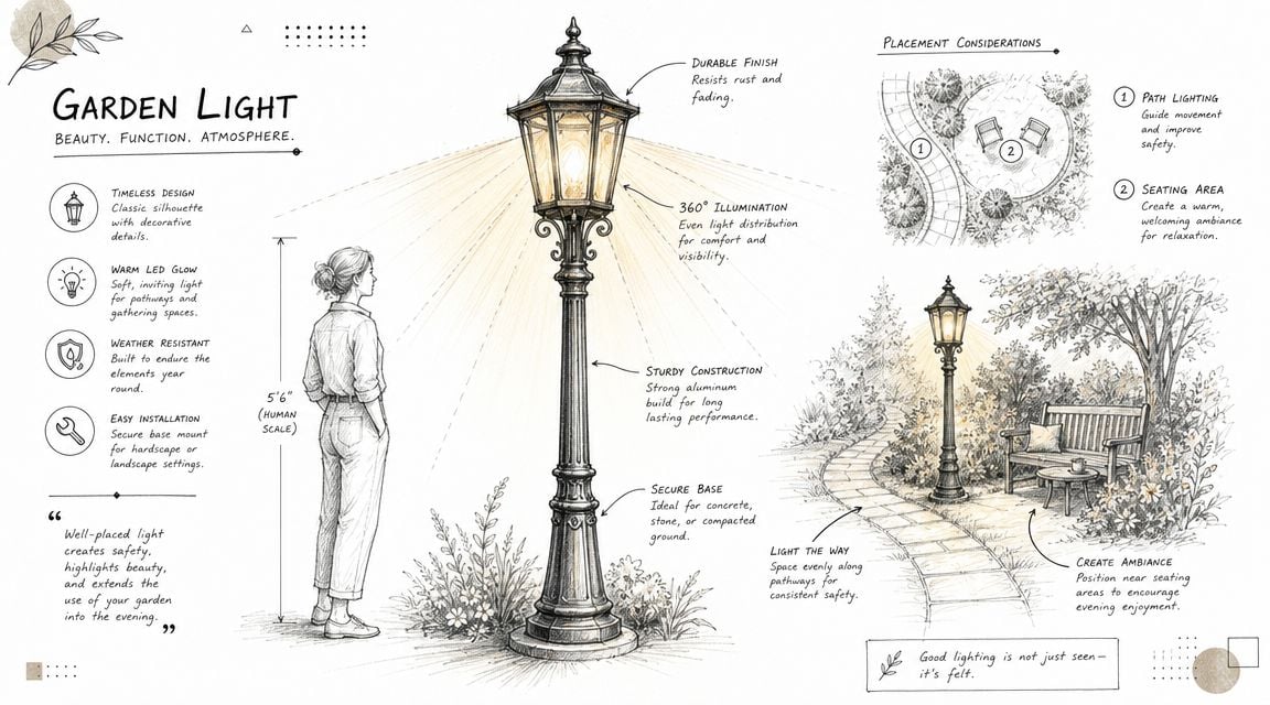 A detailed technical illustration of a classic outdoor garden lamp post with installation and placement guidelines.